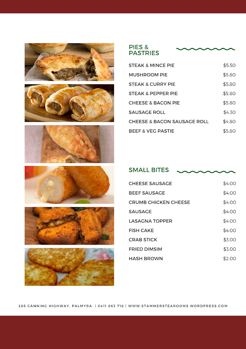 Menu, Stammers Tearooms