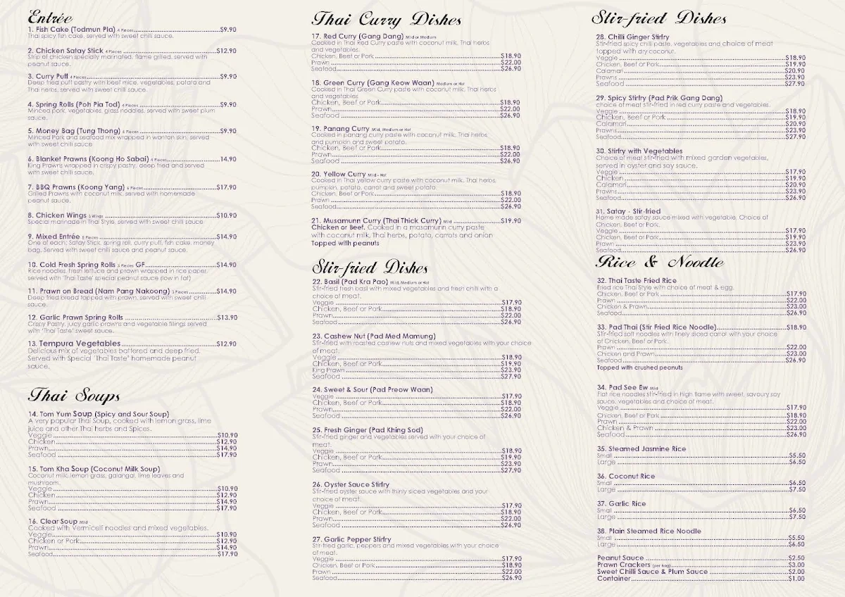 Menu, Thai Taste 2