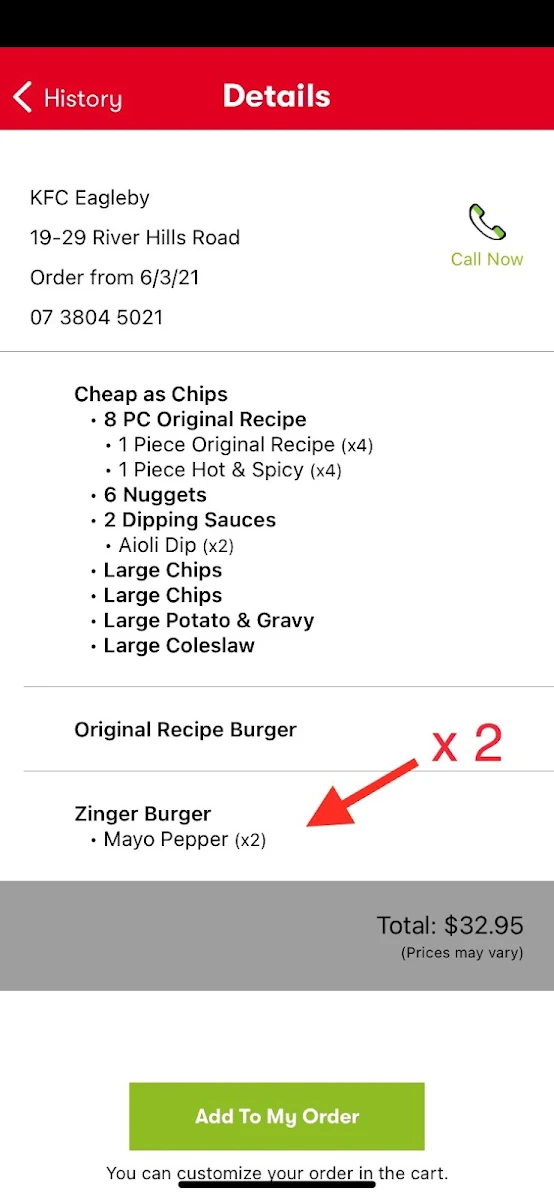 Menu, KFC Eagleby