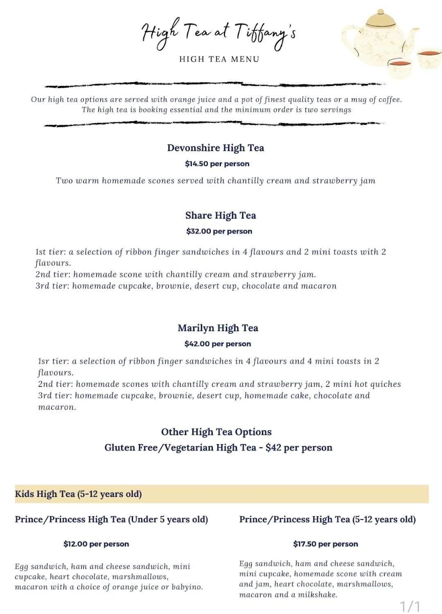 Menu, High Tea at Tiffany's