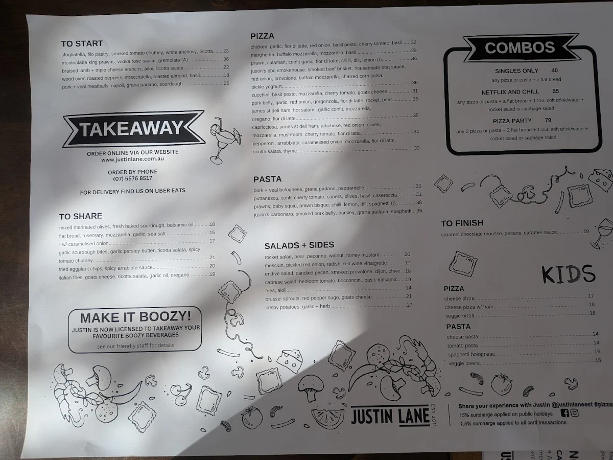 Menu, Justin Lane Establishment