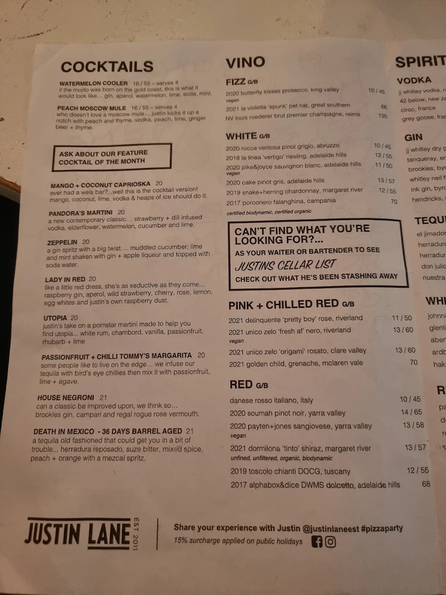Menu, Justin Lane Establishment
