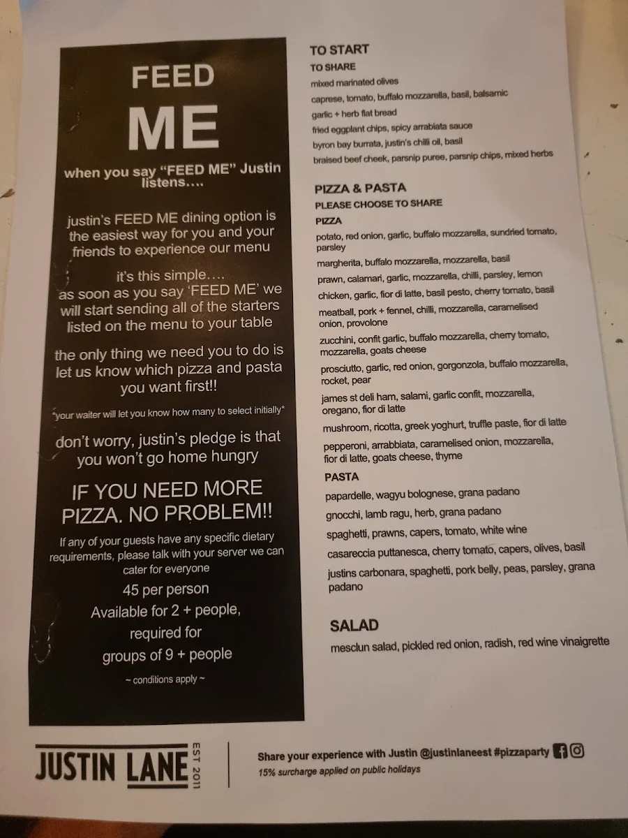 Menu, Justin Lane Establishment