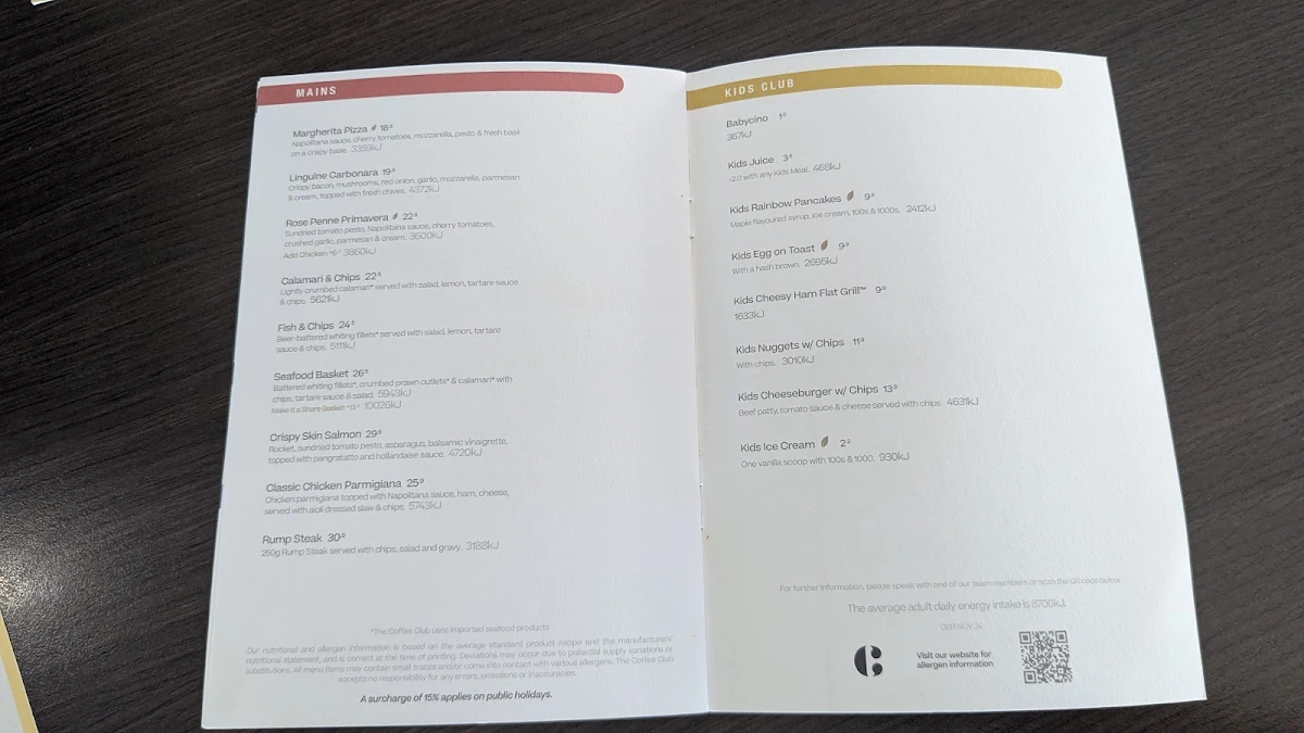 Menu, The Coffee Club (Mango Hill)