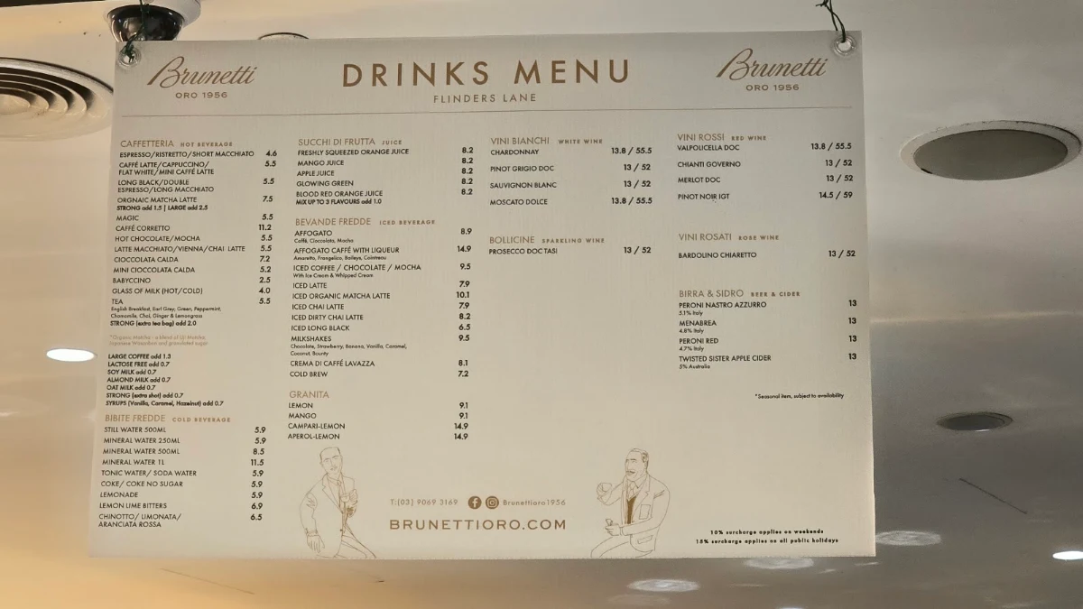Menu, Brunetti Oro Flinders Lane