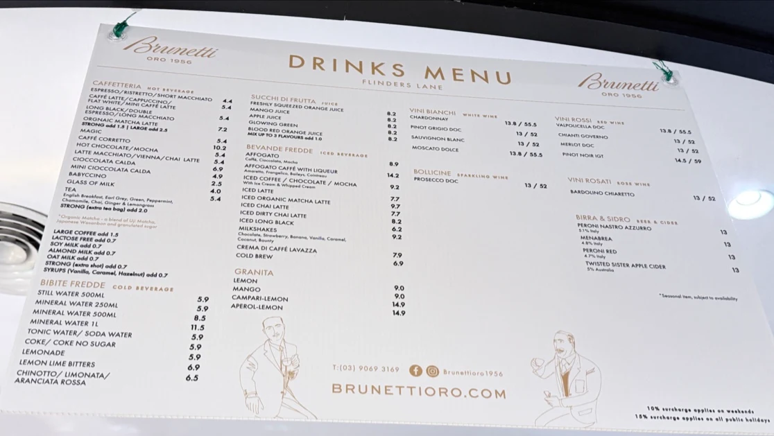 Menu, Brunetti Oro Flinders Lane