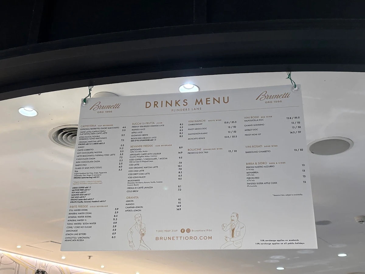 Menu, Brunetti Oro Flinders Lane