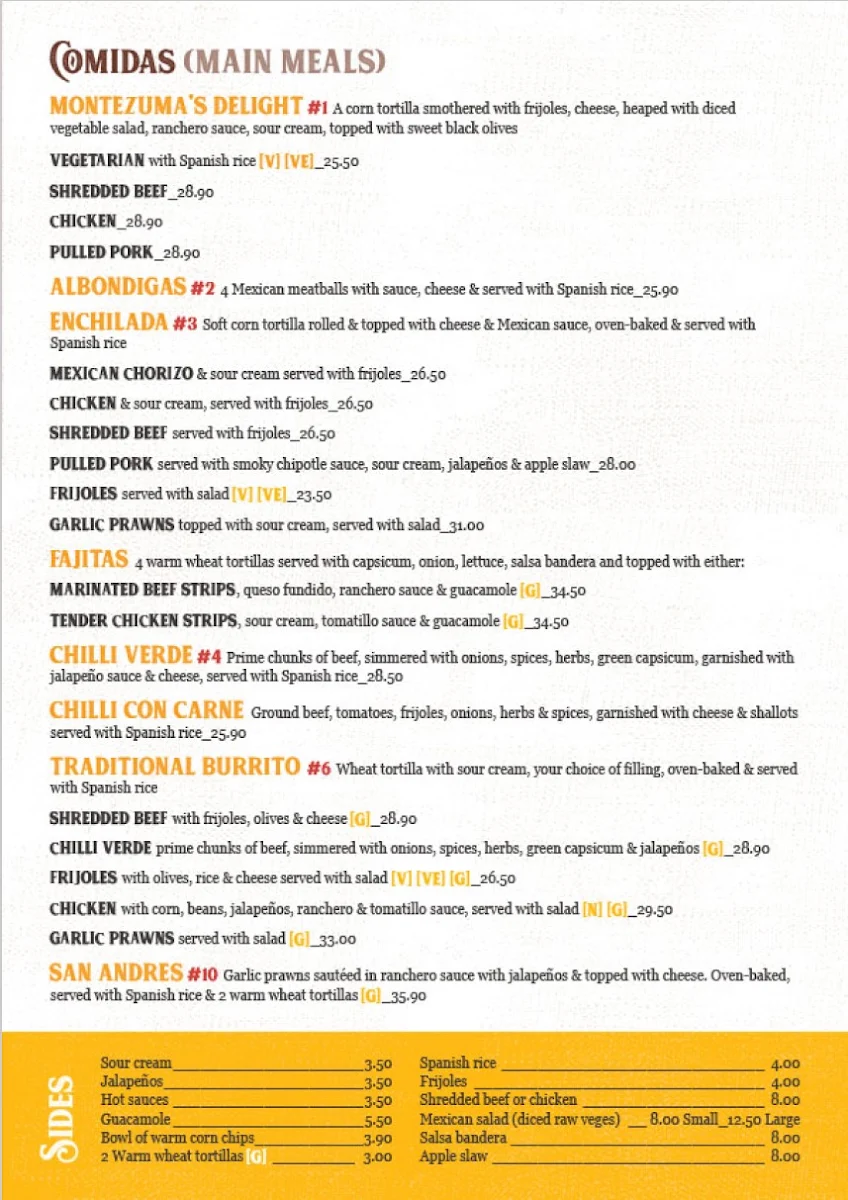 Menu, Montezuma's Mexican Restaurant & Bar - Worongary, QLD