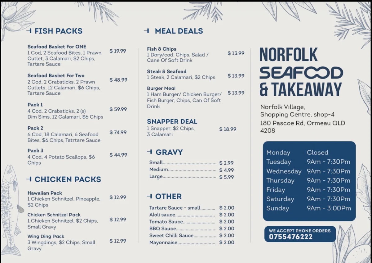 Menu, Norfolk Seafood & Takeaway