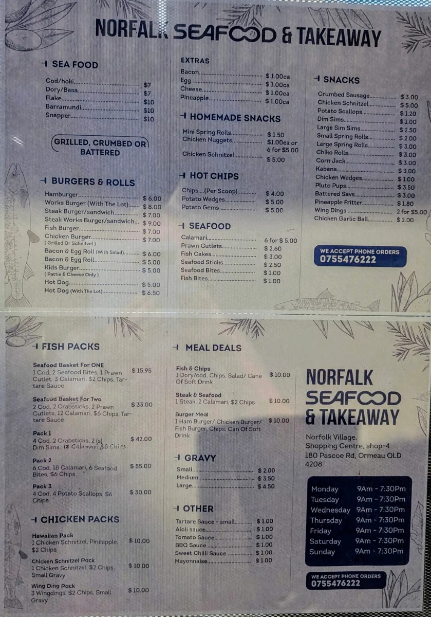 Menu, Norfolk Seafood & Takeaway