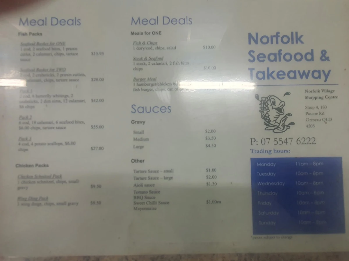 Menu, Norfolk Seafood & Takeaway