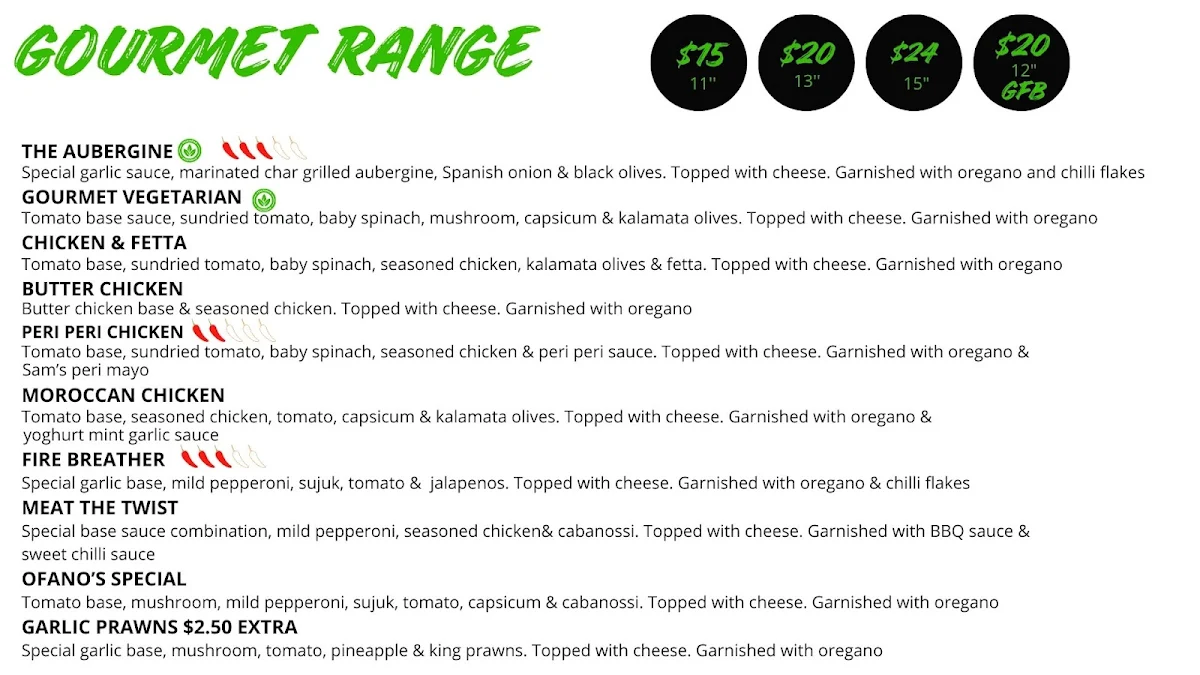 Menu, Ofano's Pizza Mansfield