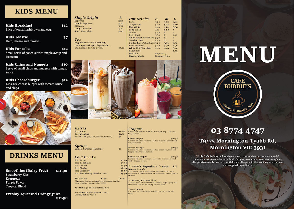 Menu, Cafe Buddie's