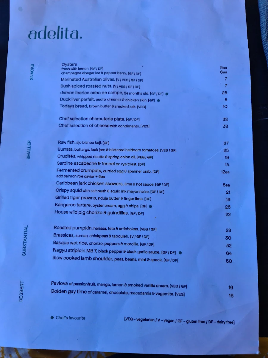 Menu, Adelita Wine Bar