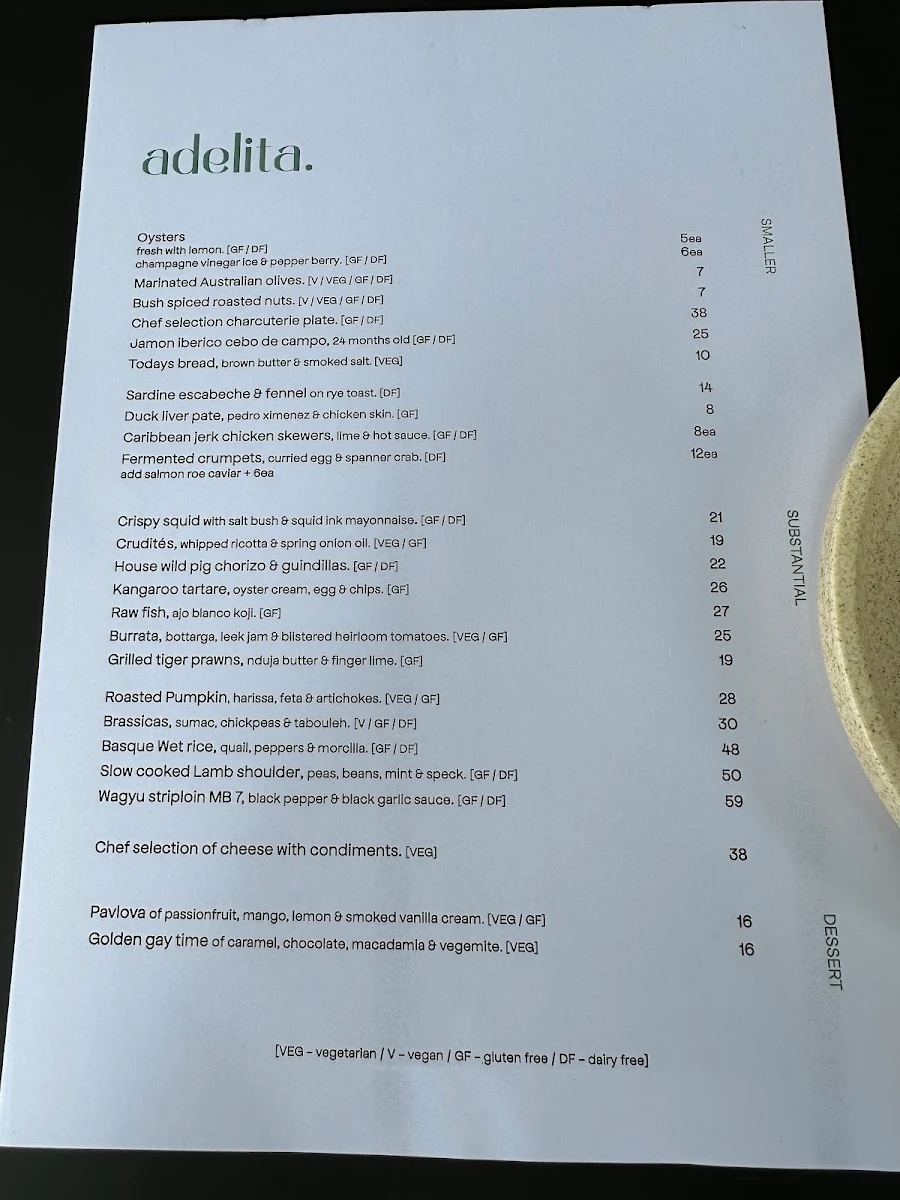 Menu, Adelita Wine Bar