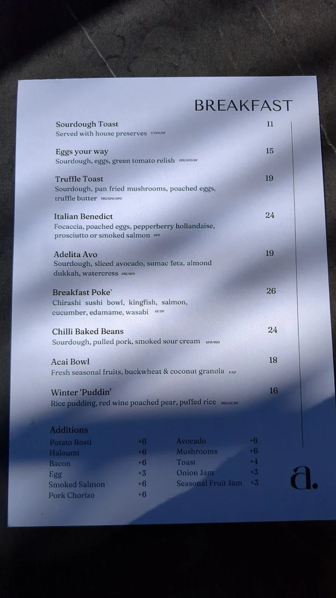 Menu, Adelita Wine Bar