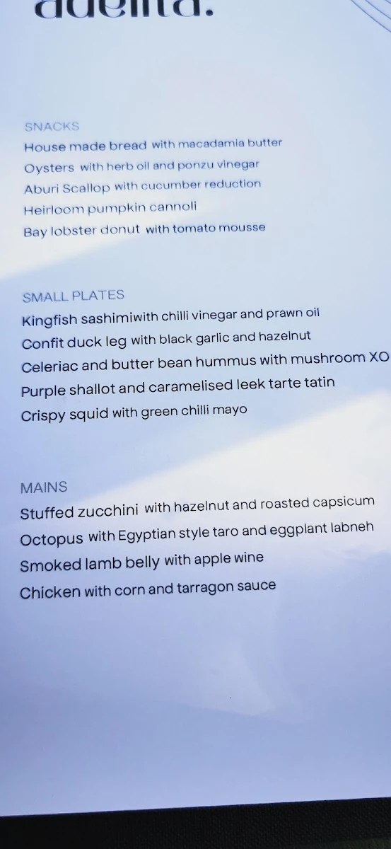 Menu, Adelita Wine Bar