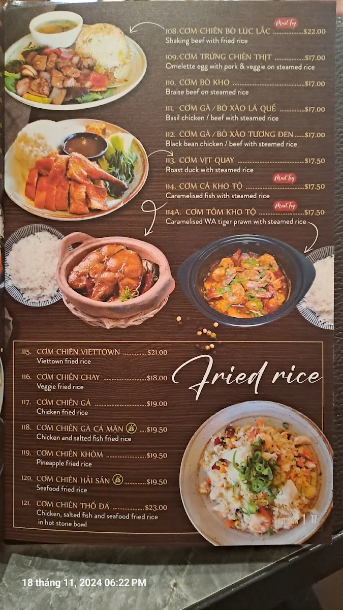 Menu, VietTown Girrawheen