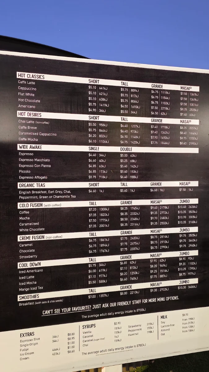 Menu, Zarraffa's Coffee Ellenbrook