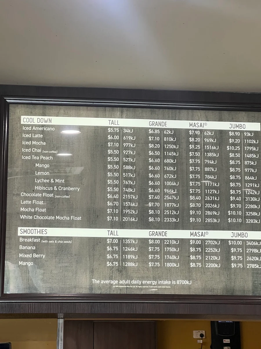 Menu, Zarraffa's Coffee Ellenbrook