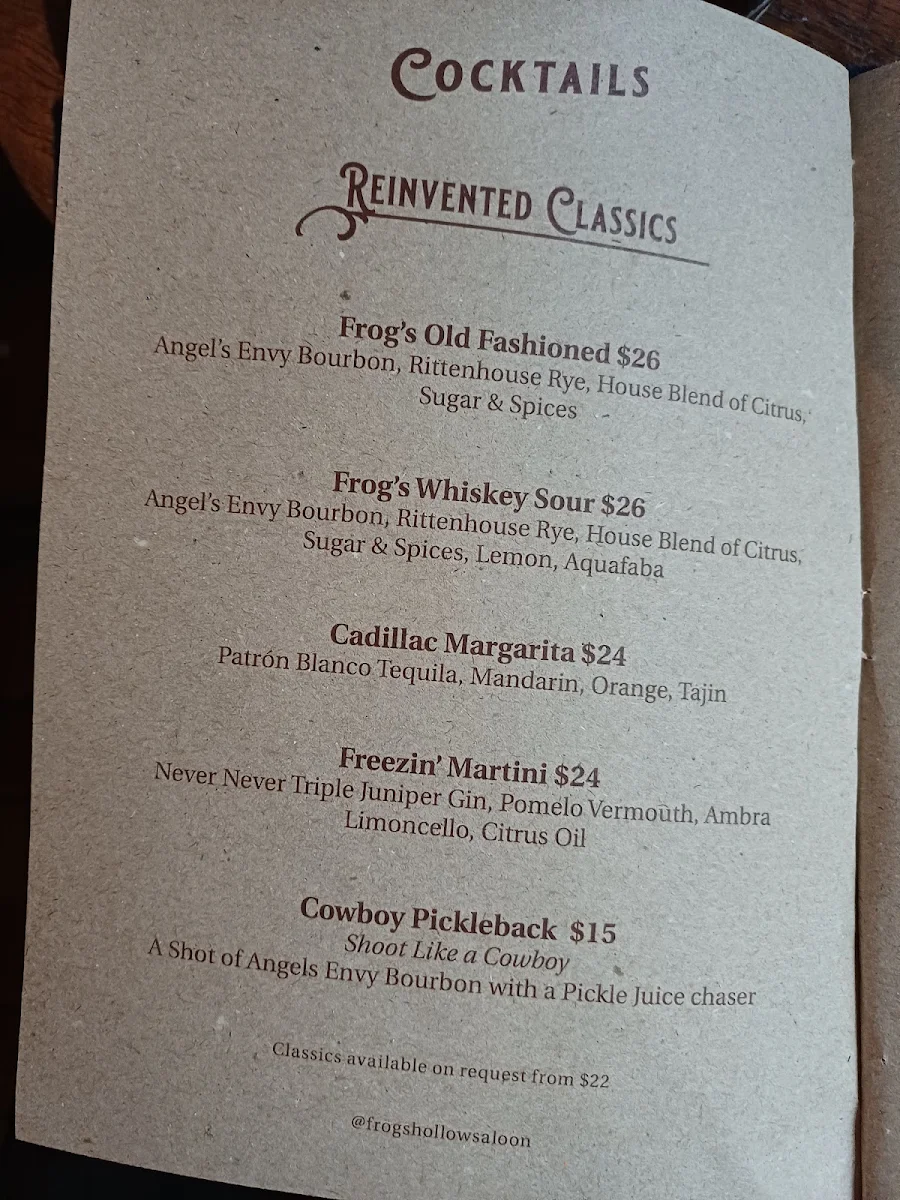 Menu, Frog's Hollow Saloon