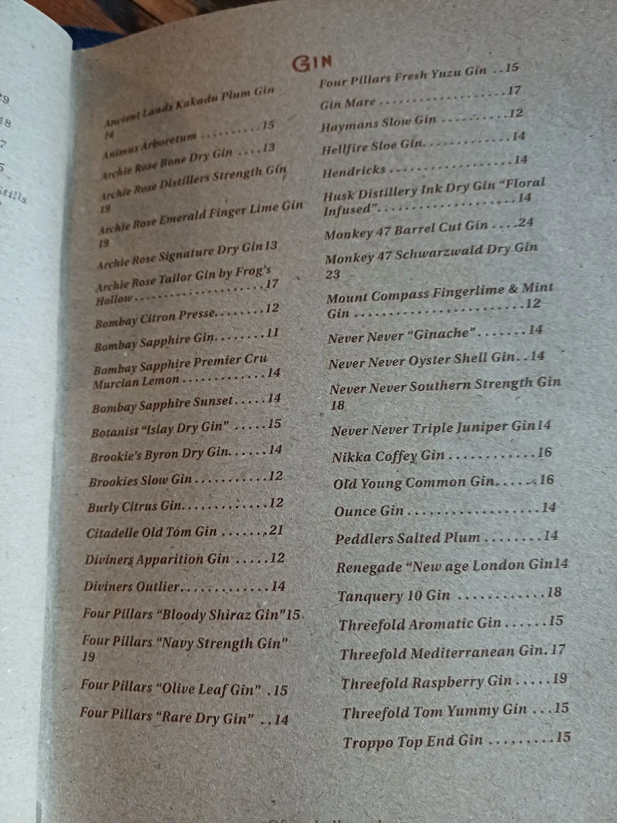 Menu, Frog's Hollow Saloon