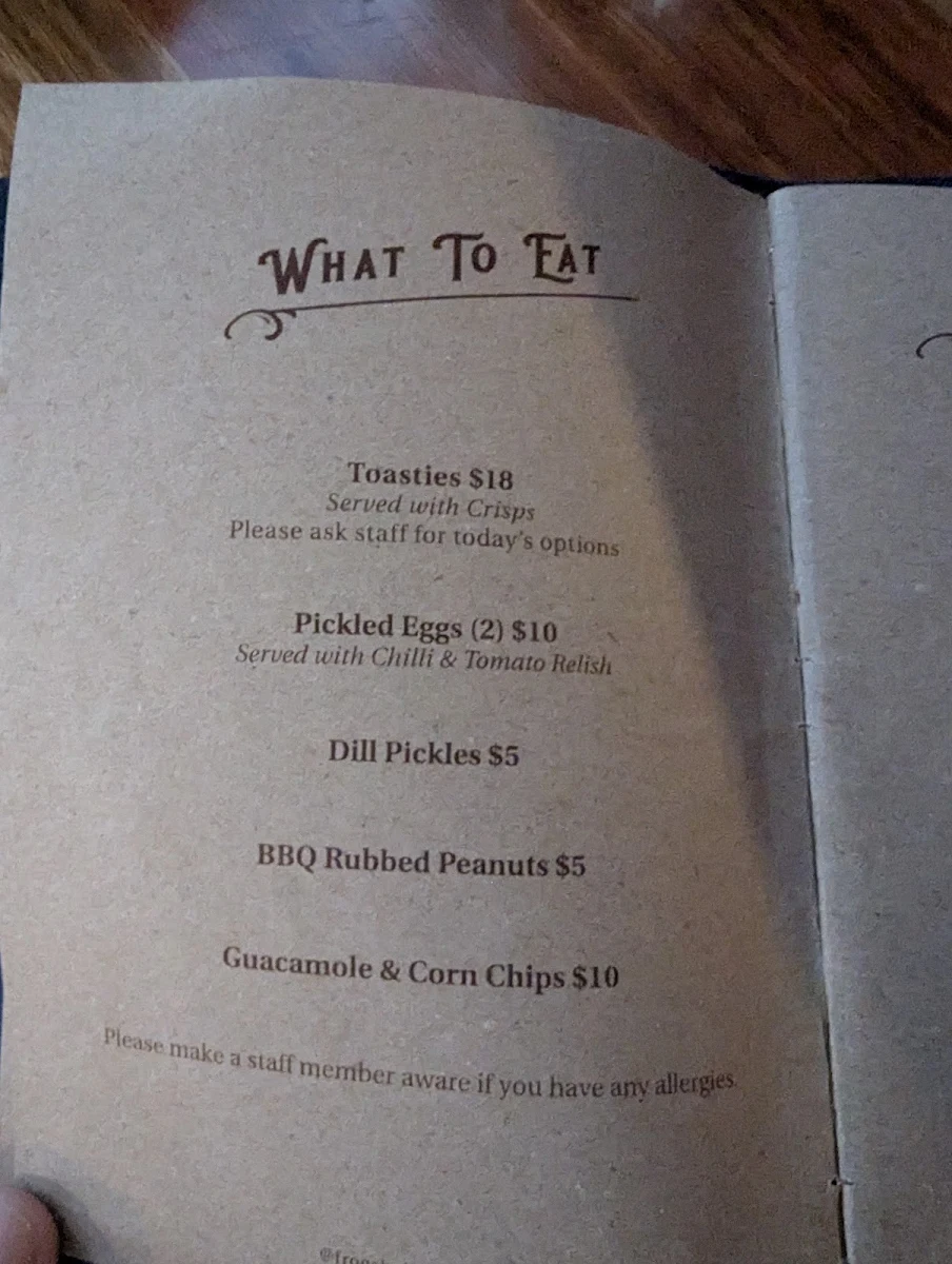 Menu, Frog's Hollow Saloon