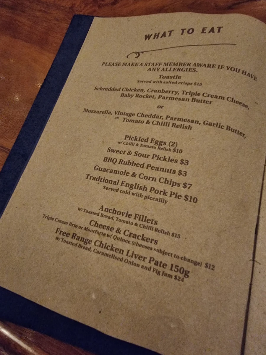 Menu, Frog's Hollow Saloon