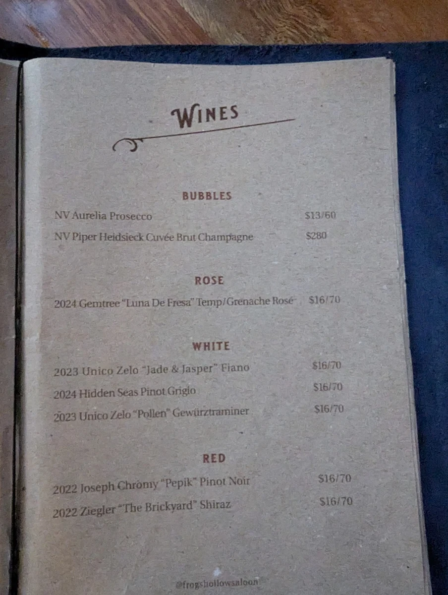 Menu, Frog's Hollow Saloon