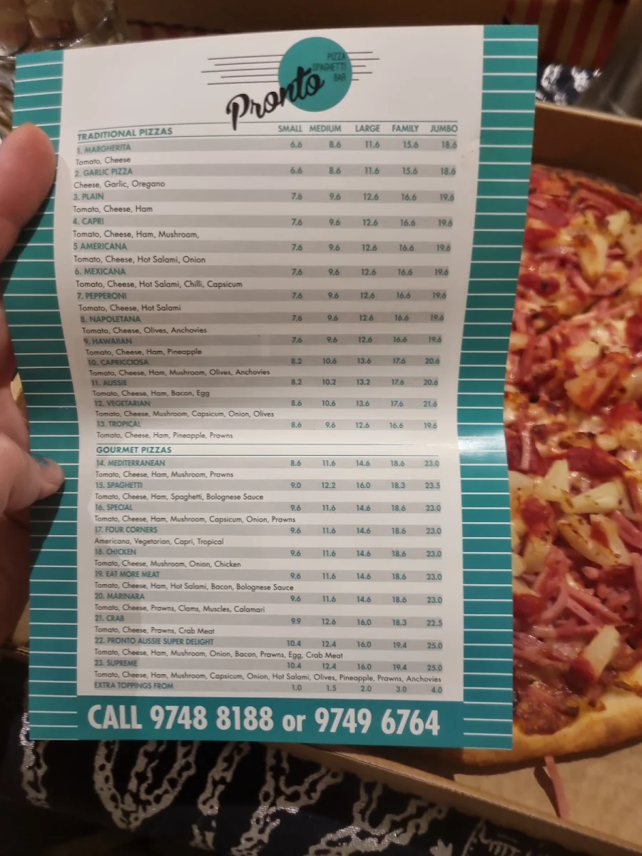 Menu, Pronto Pizza & Spaghetti Bar