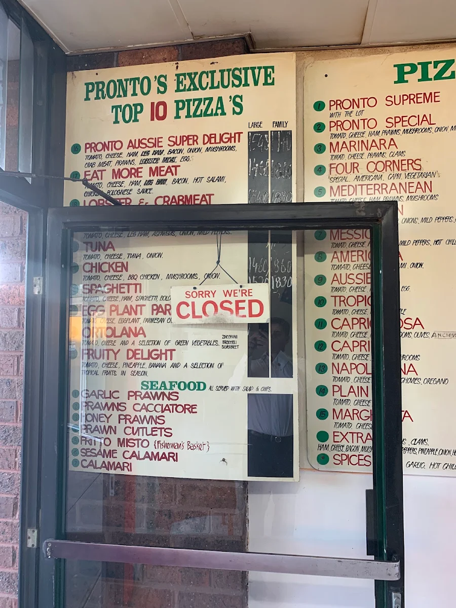 Menu, Pronto Pizza & Spaghetti Bar