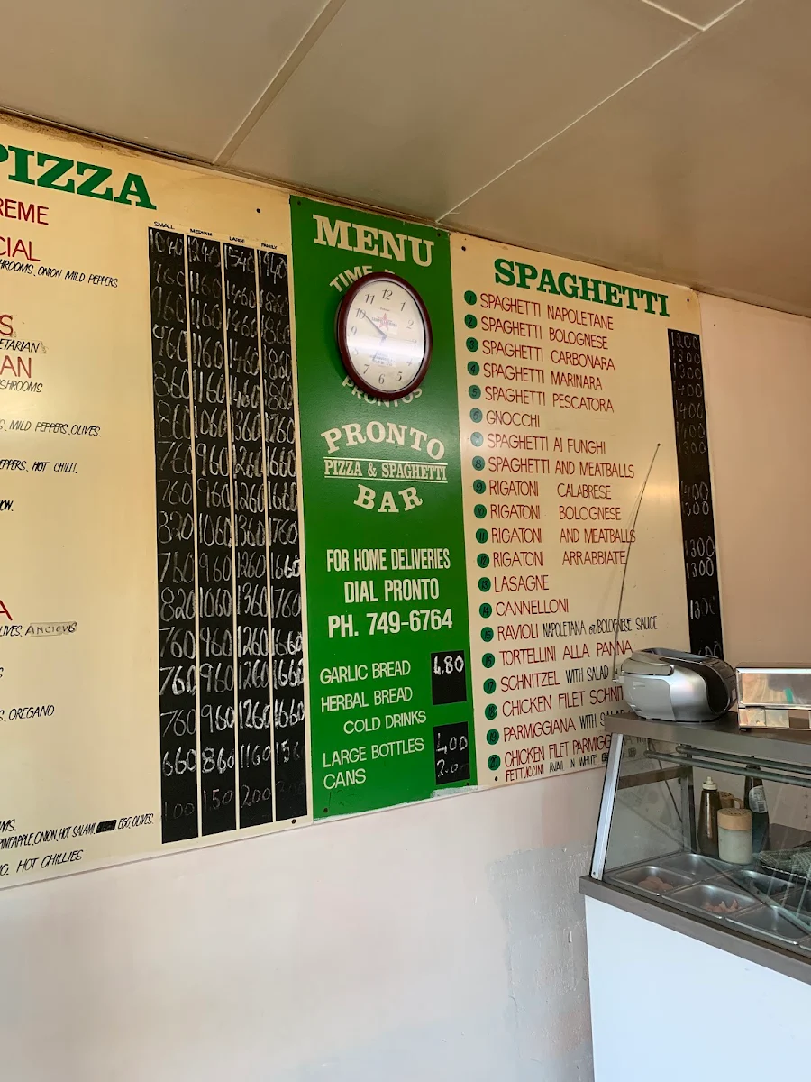 Menu, Pronto Pizza & Spaghetti Bar