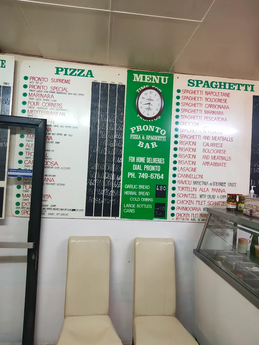 Menu, Pronto Pizza & Spaghetti Bar