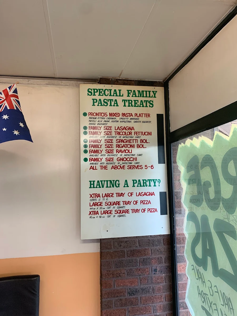 Menu, Pronto Pizza & Spaghetti Bar