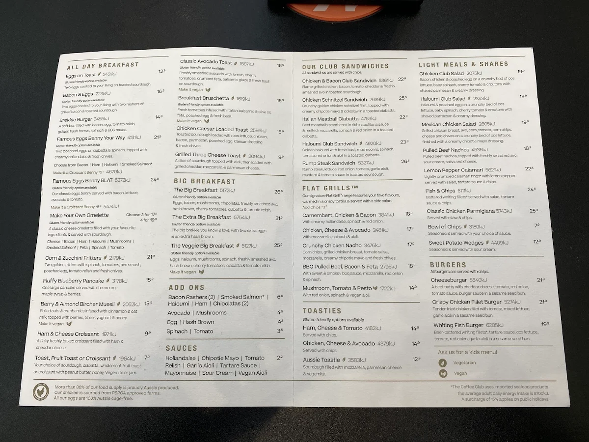 Menu, The Coffee Club