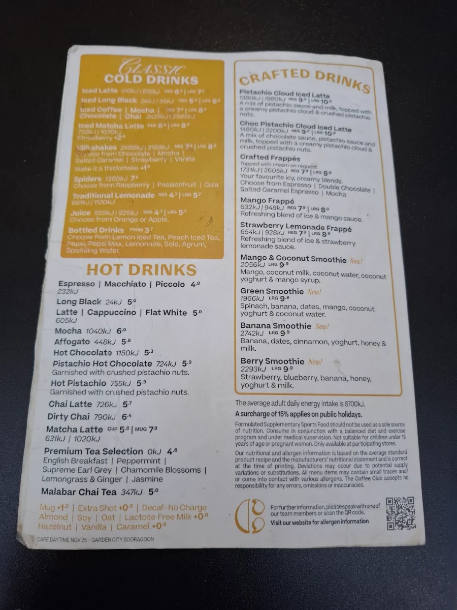 Menu, The Coffee Club