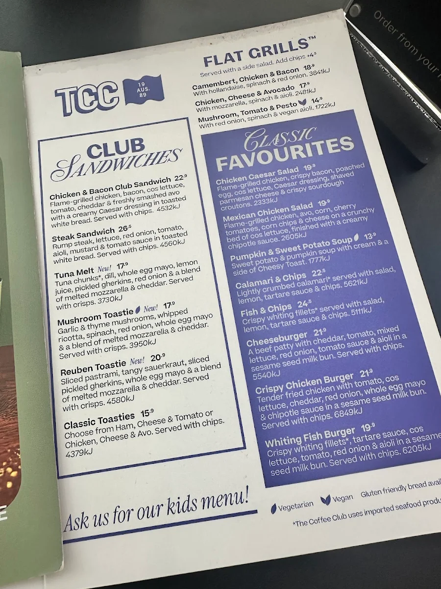 Menu, The Coffee Club