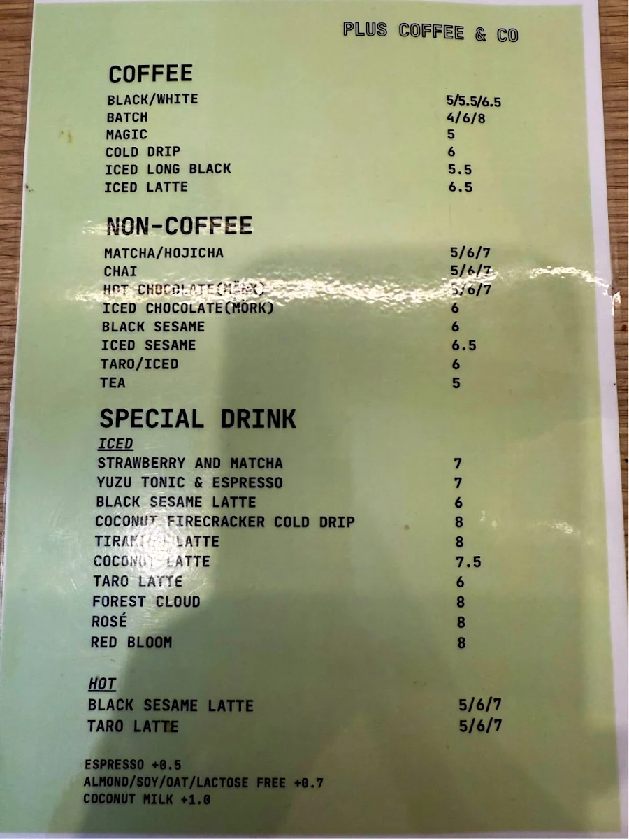 Menu, Plus Coffee & Co