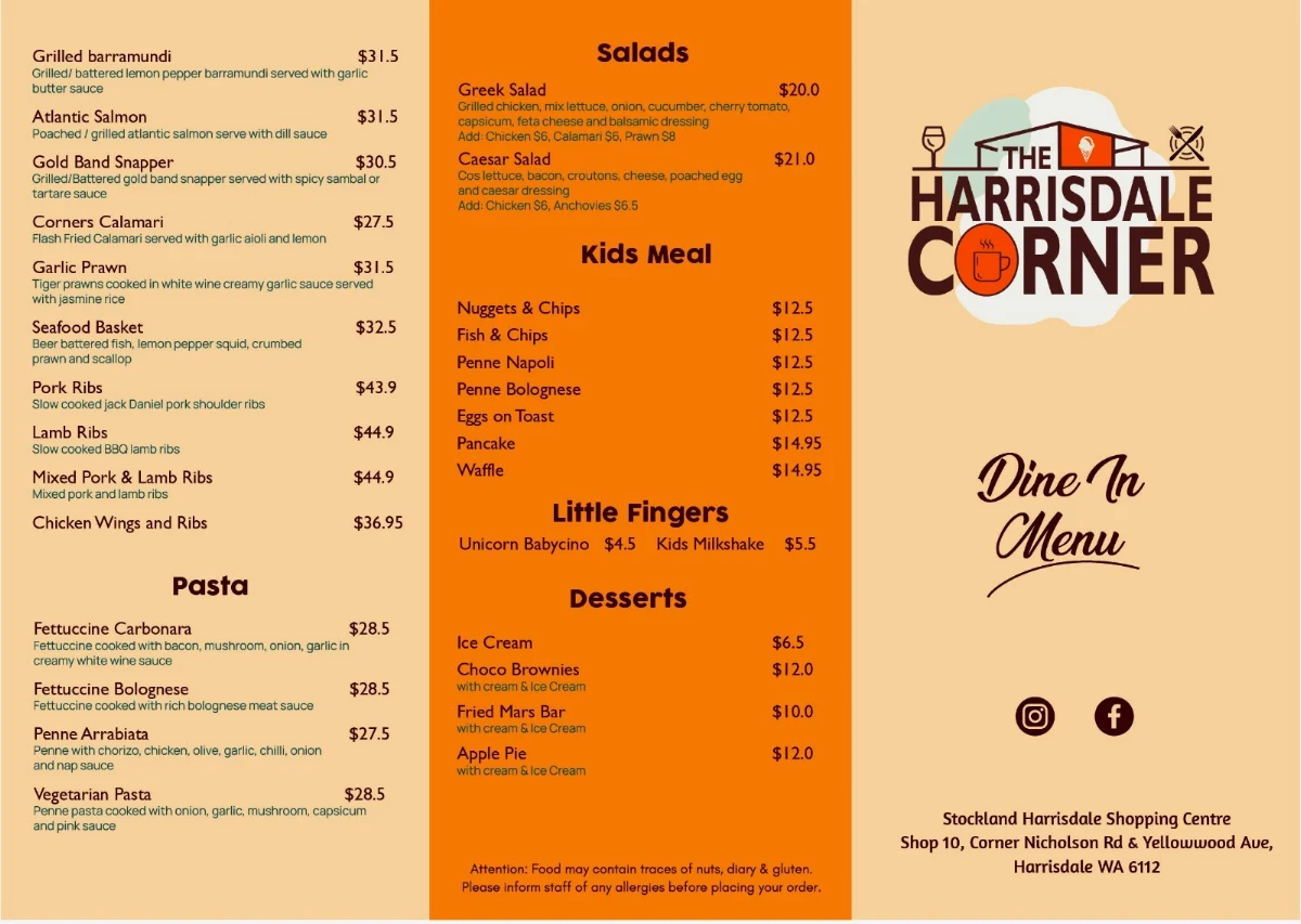 Menu, THE HARRISDALE CORNER