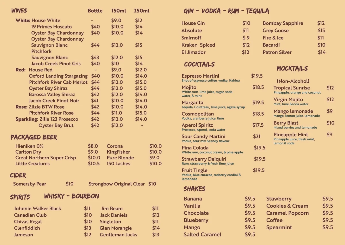 Menu, THE HARRISDALE CORNER