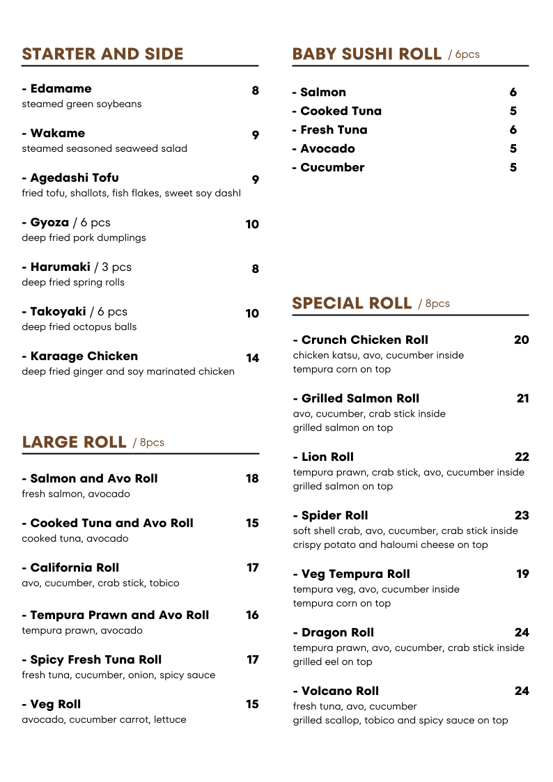 Menu, Kaze Fresh Sushi Epping