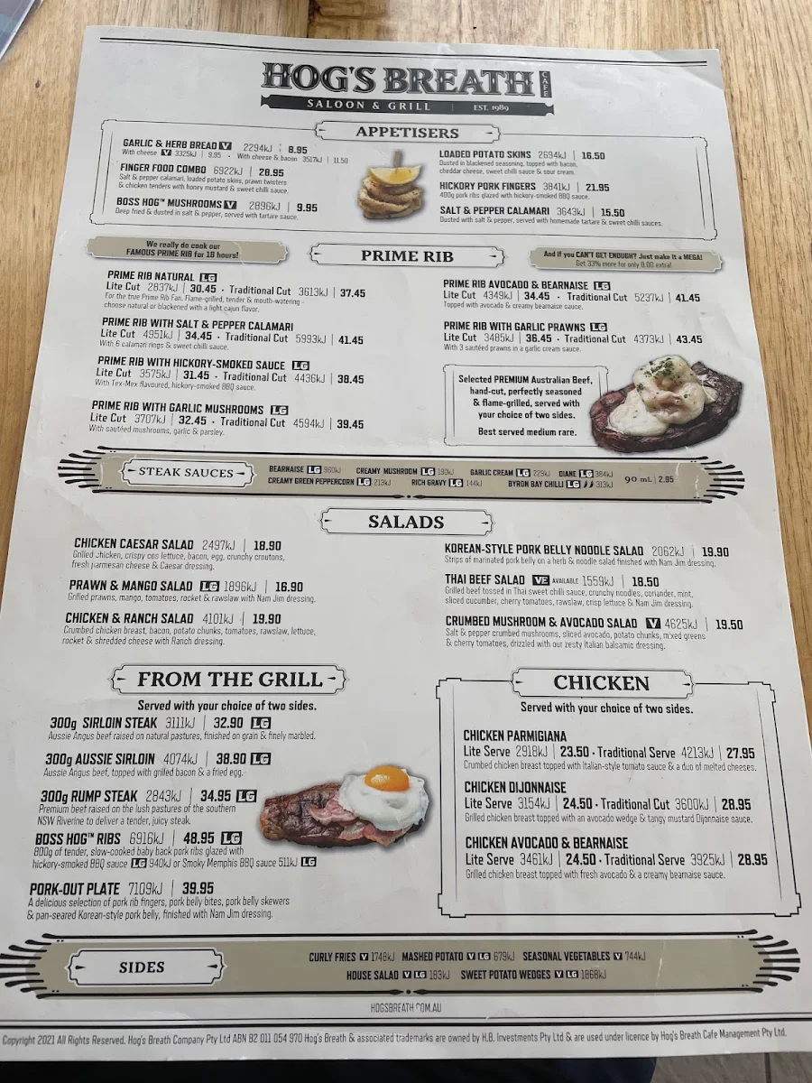 Menu, Hog's Breath Cafe Nelson Bay
