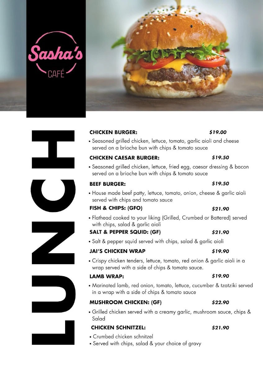 Menu, Sasha's Cafe