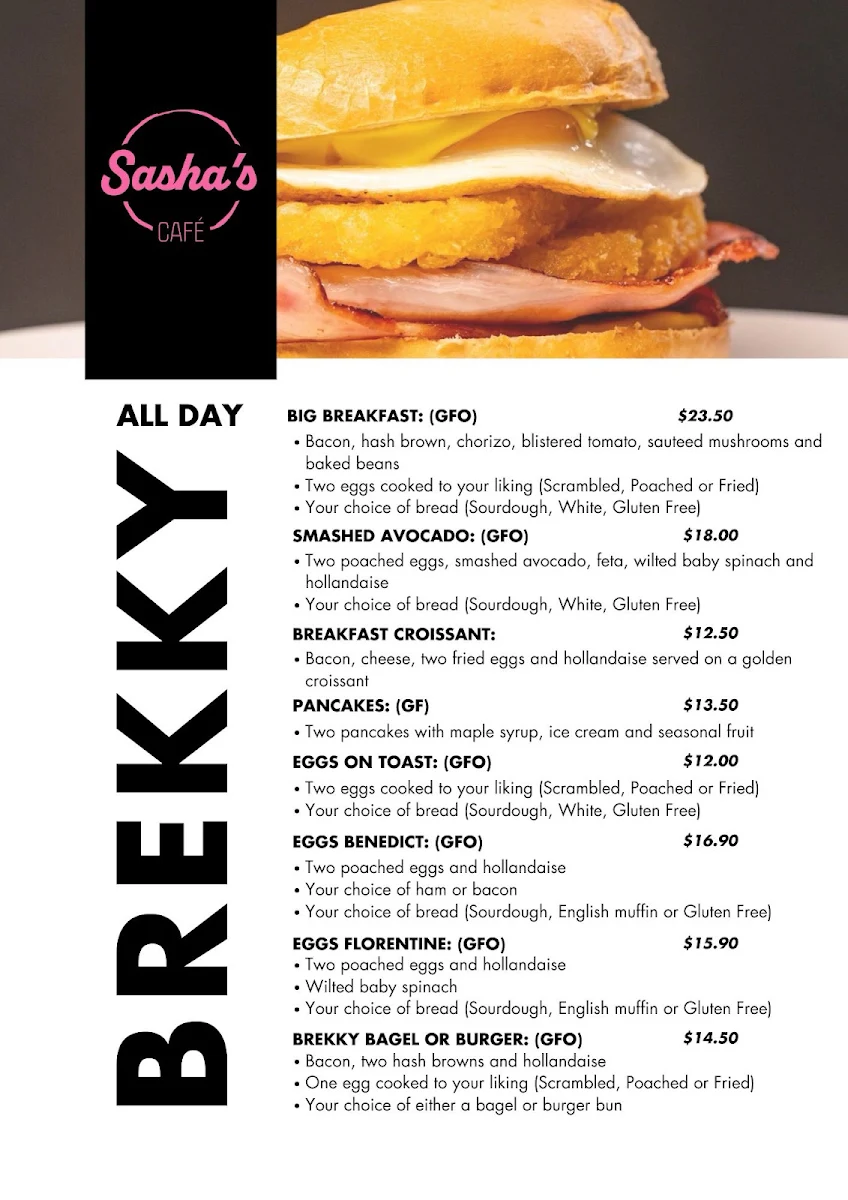 Menu, Sasha's Cafe