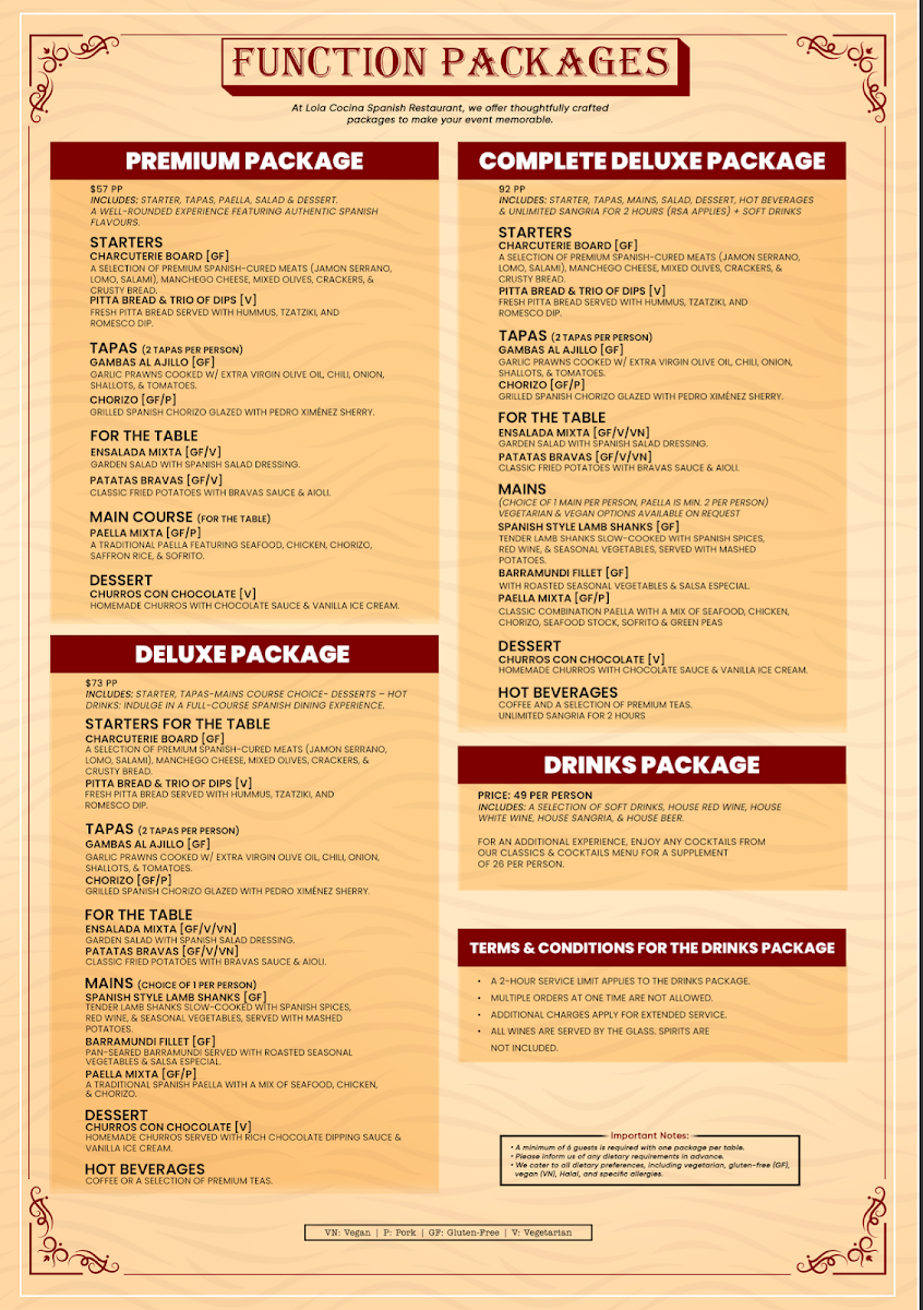 Menu, Lola Cocina Spanish Restaurant Narrabeen