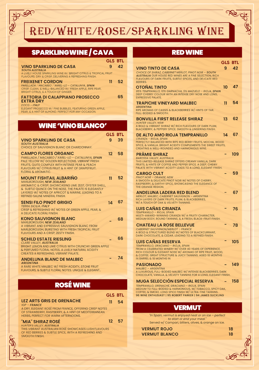 Menu, Lola Cocina Spanish Restaurant Narrabeen