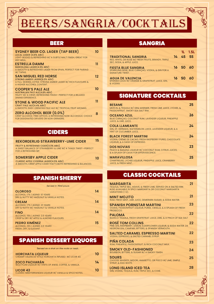 Menu, Lola Cocina Spanish Restaurant Narrabeen
