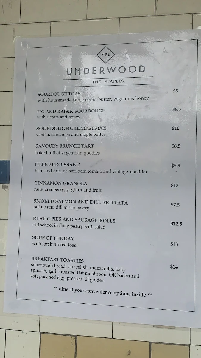 Menu, Mrs Underwood
