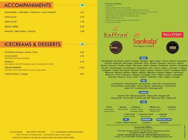 Menu, Sankalp Indian Restaurant
