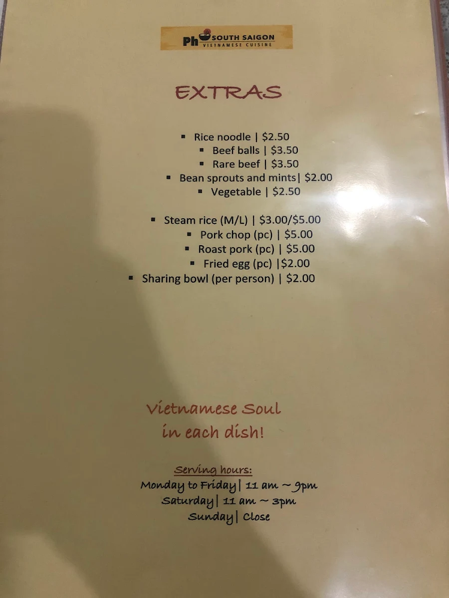 Menu, Pho South Saigon Vietnamese Cuisine